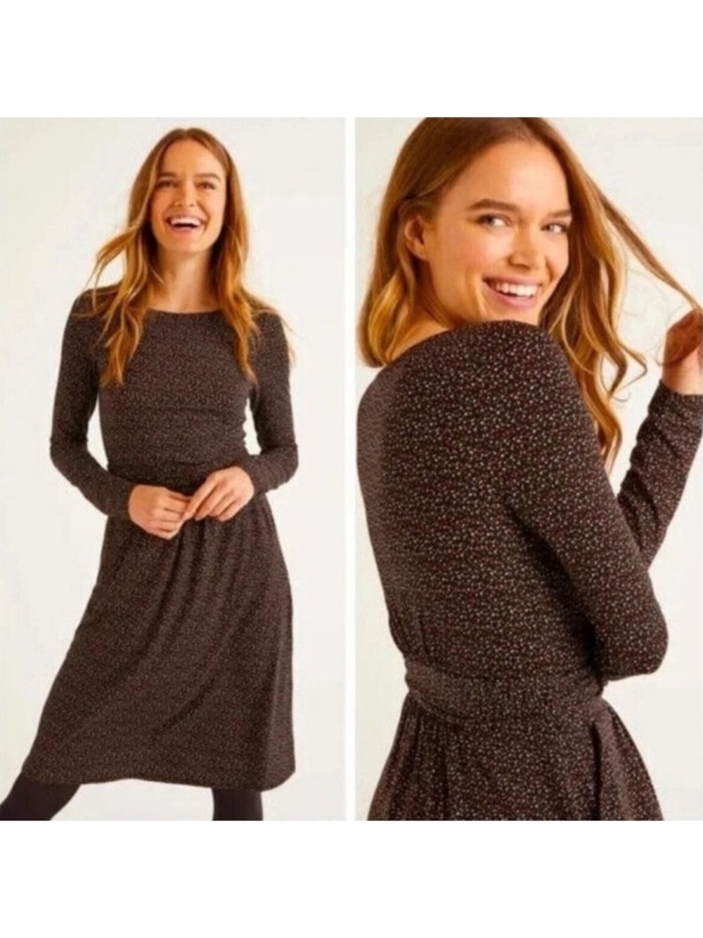 Boden Dark Brown Micro-Dot Print Long Sleeve Midi Dress - Picture 8 of 13